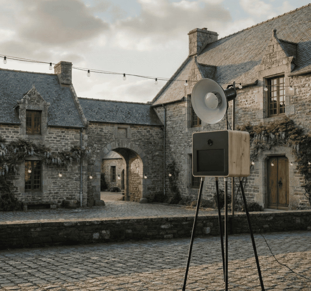 Borne photo photobooth effet bois naturel pour mariage champêtre ou bohème en Bretagne