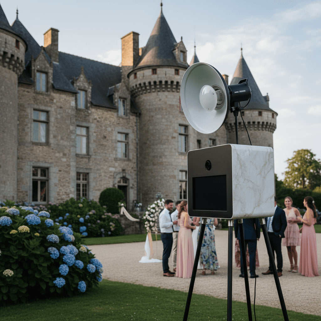 Borne photo photobooth effet marbre chic pour mariage élégant ou événement entreprise en Bretagne