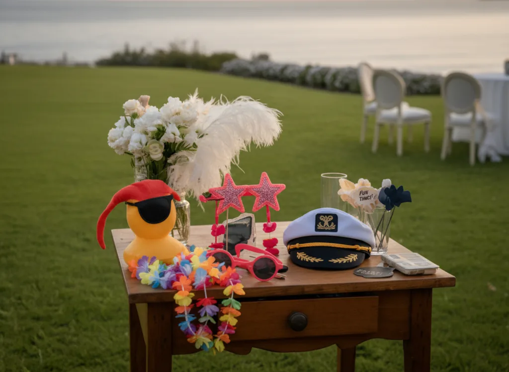 Table d'accessoires photobooth (lunettes, chapeau, fleurs) pour personnaliser vos photos
