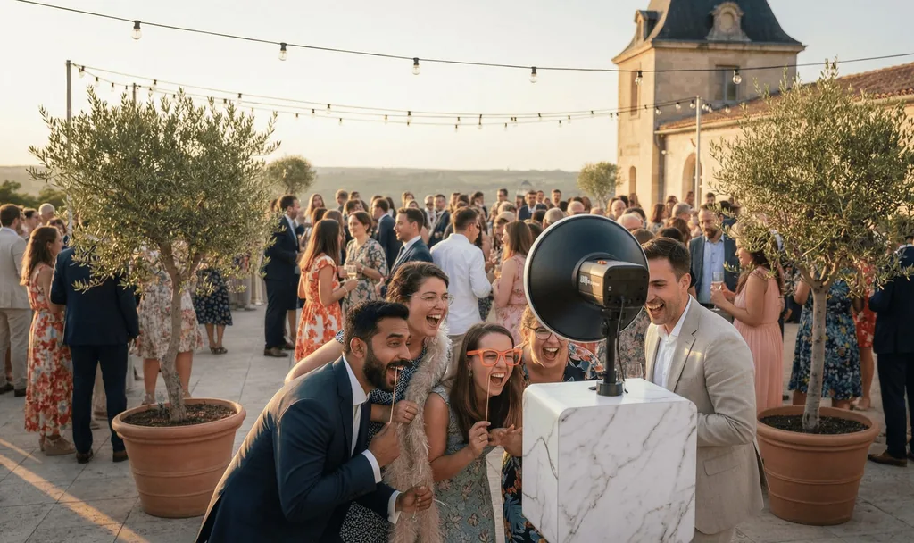 Un groupe d’invités pose devant le photobooth lors d’une réception dans une cour