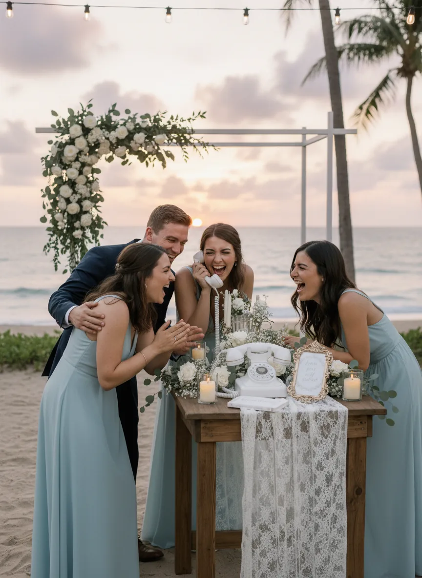 Des invités enregistrent un message au téléphone livre d’or audio dans un décor de mariage