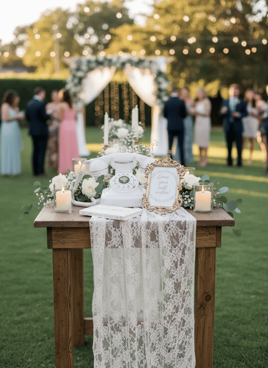 Téléphone livre d’or audio blanc sur une table fleurie dans un jardin de mariage