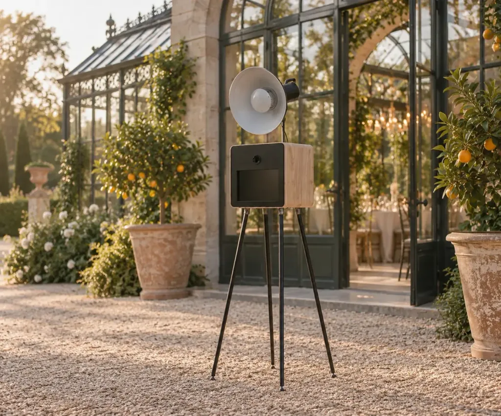 Photobooth en bois devant une orangerie et ses agrumes