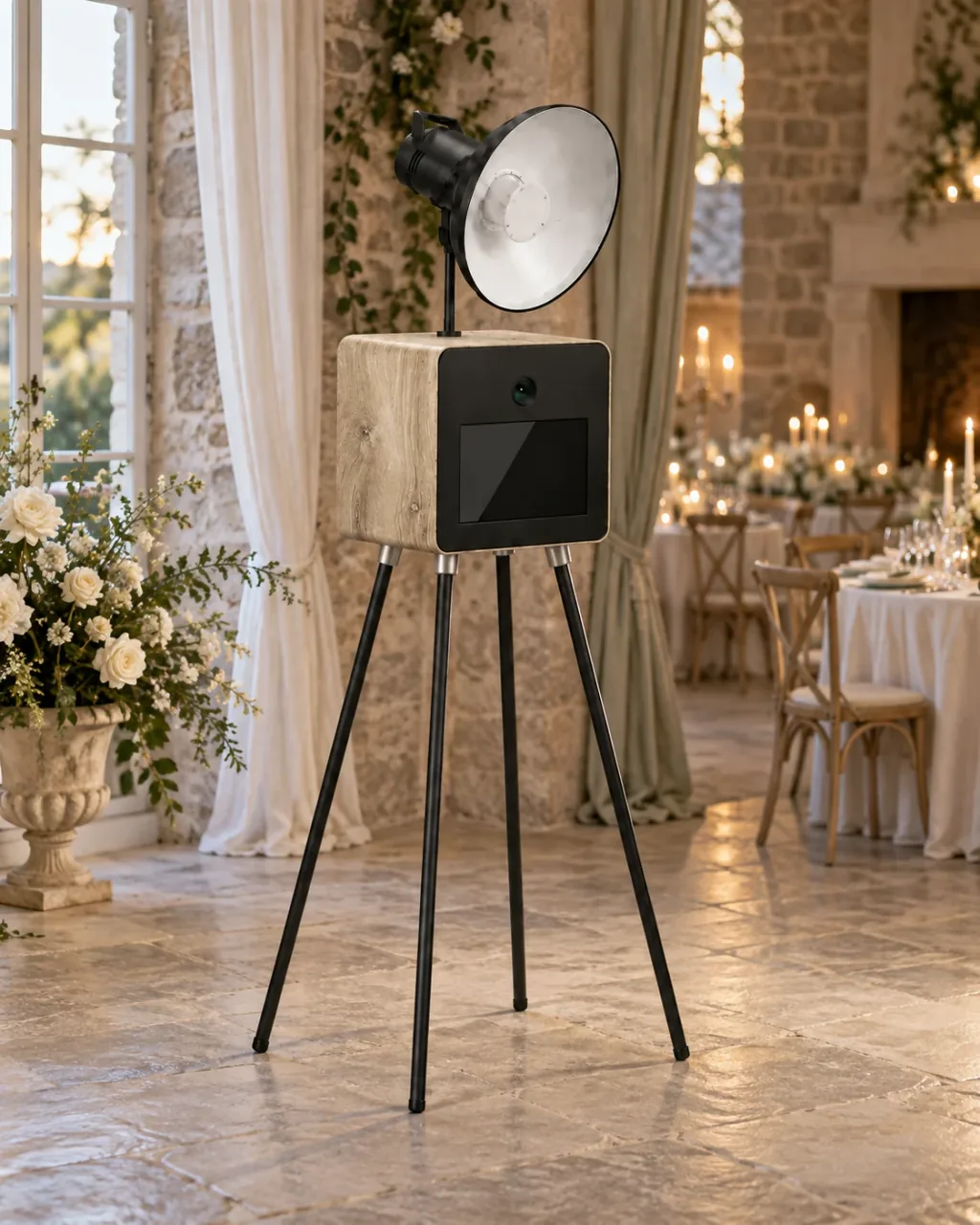 Photobooth en bois naturel dans une salle de mariage en pierre, avec des fleurs et des tables dressées