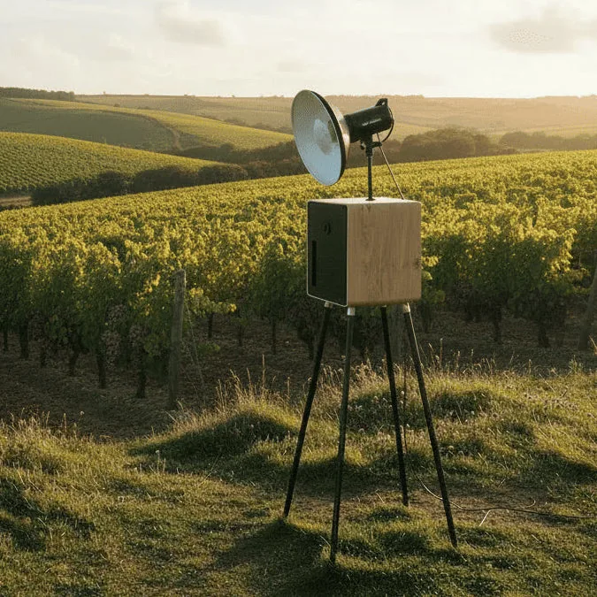 Photobooth en bois avec réflecteur rond installé devant des vignes