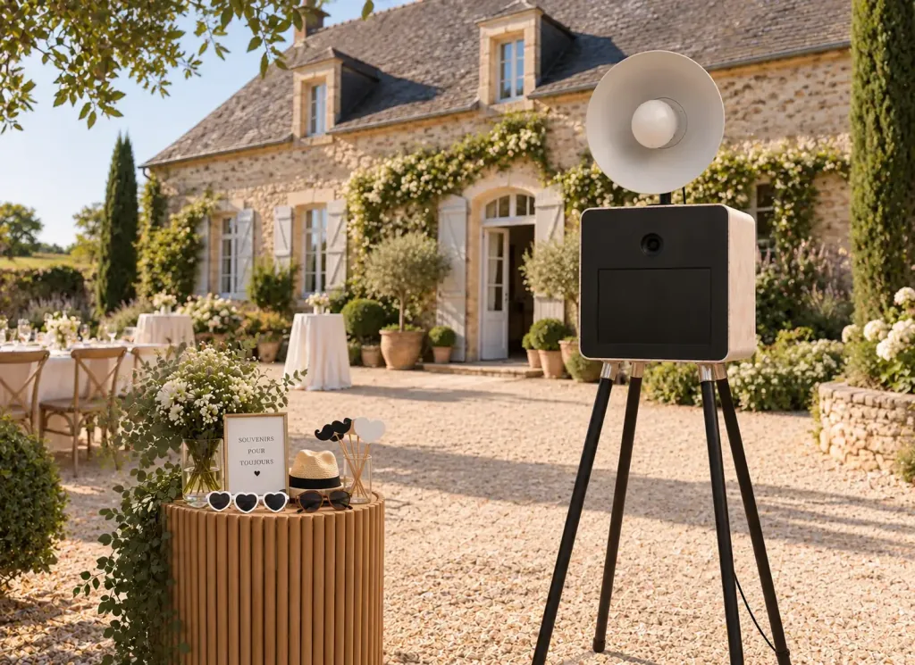 Photobooth et accessoires dans la cour fleurie d’une maison en pierre
