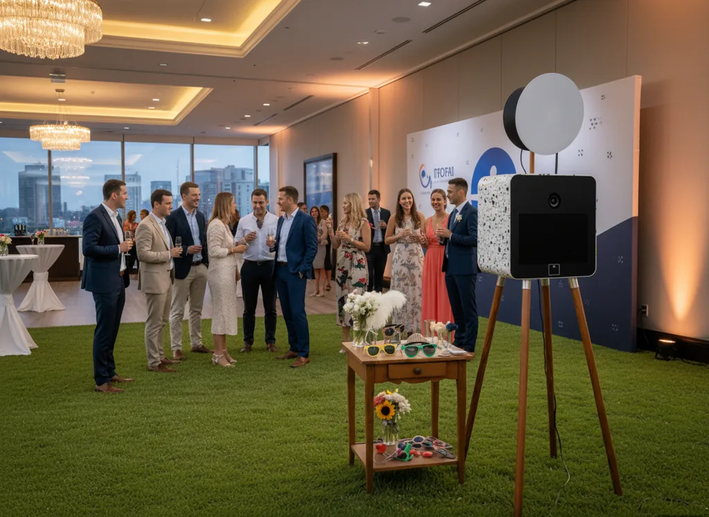 Photobooth et table d’accessoires dans un espace de réception d’entreprise