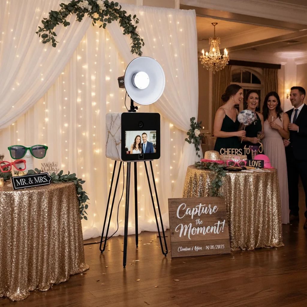 Photobooth avec tirages et accessoires dans une salle de mariage décorée de guirlandes