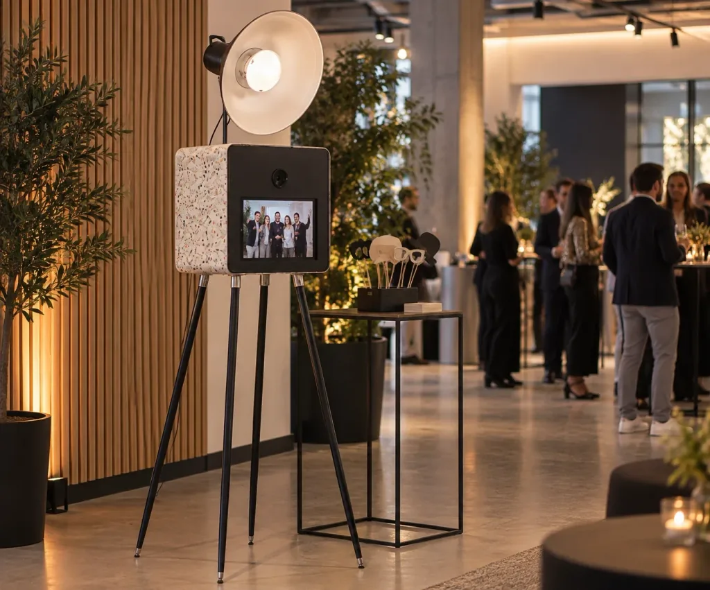 Photobooth finition terrazzo et accessoires lors d’une soirée d’entreprise