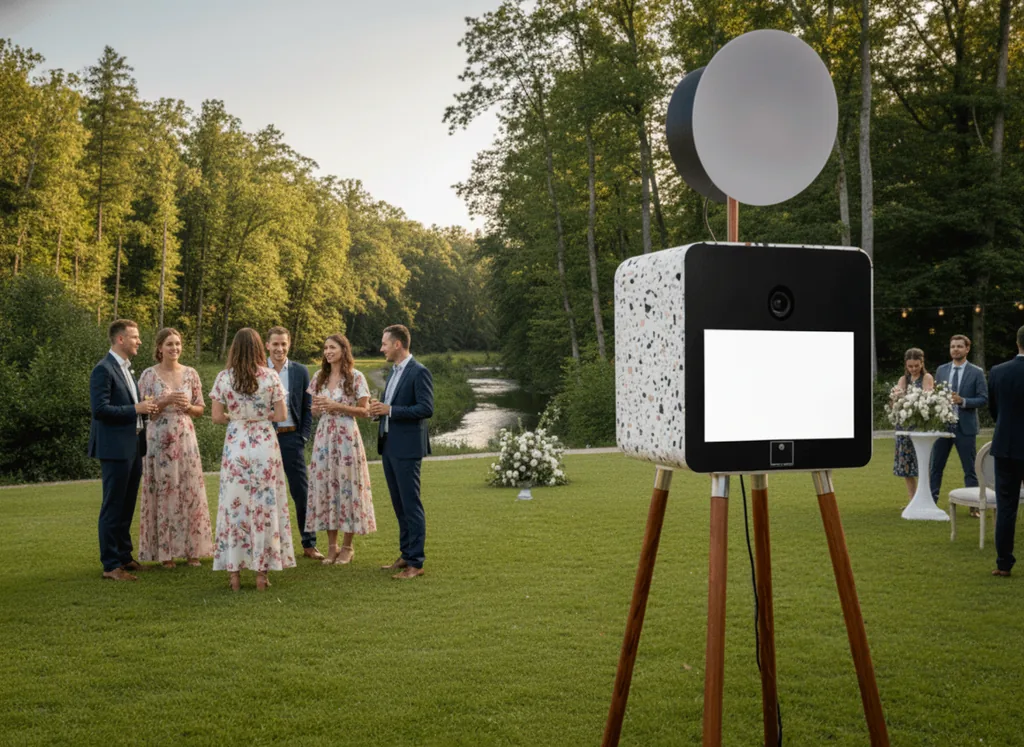 Photobooth finition terrazzo et invités dans le jardin d’une réception de mariage