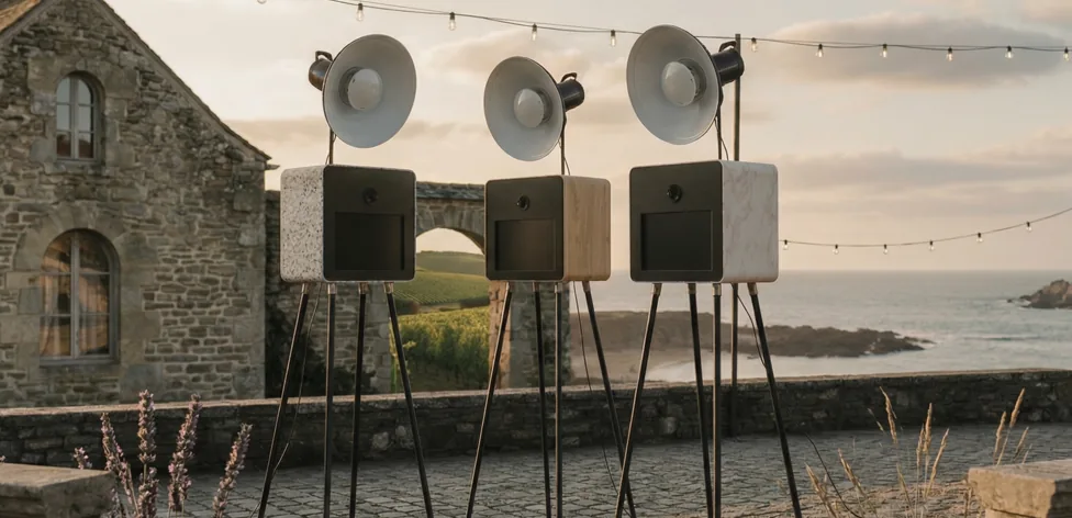 Trois photobooths en finitions terrazzo, bois et marbre sur une terrasse face à la mer