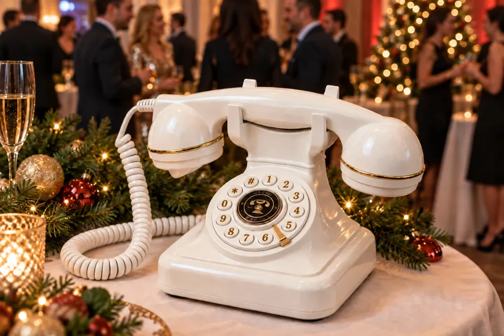 Téléphone livre d’or audio blanc dans une décoration de fête de fin d’année