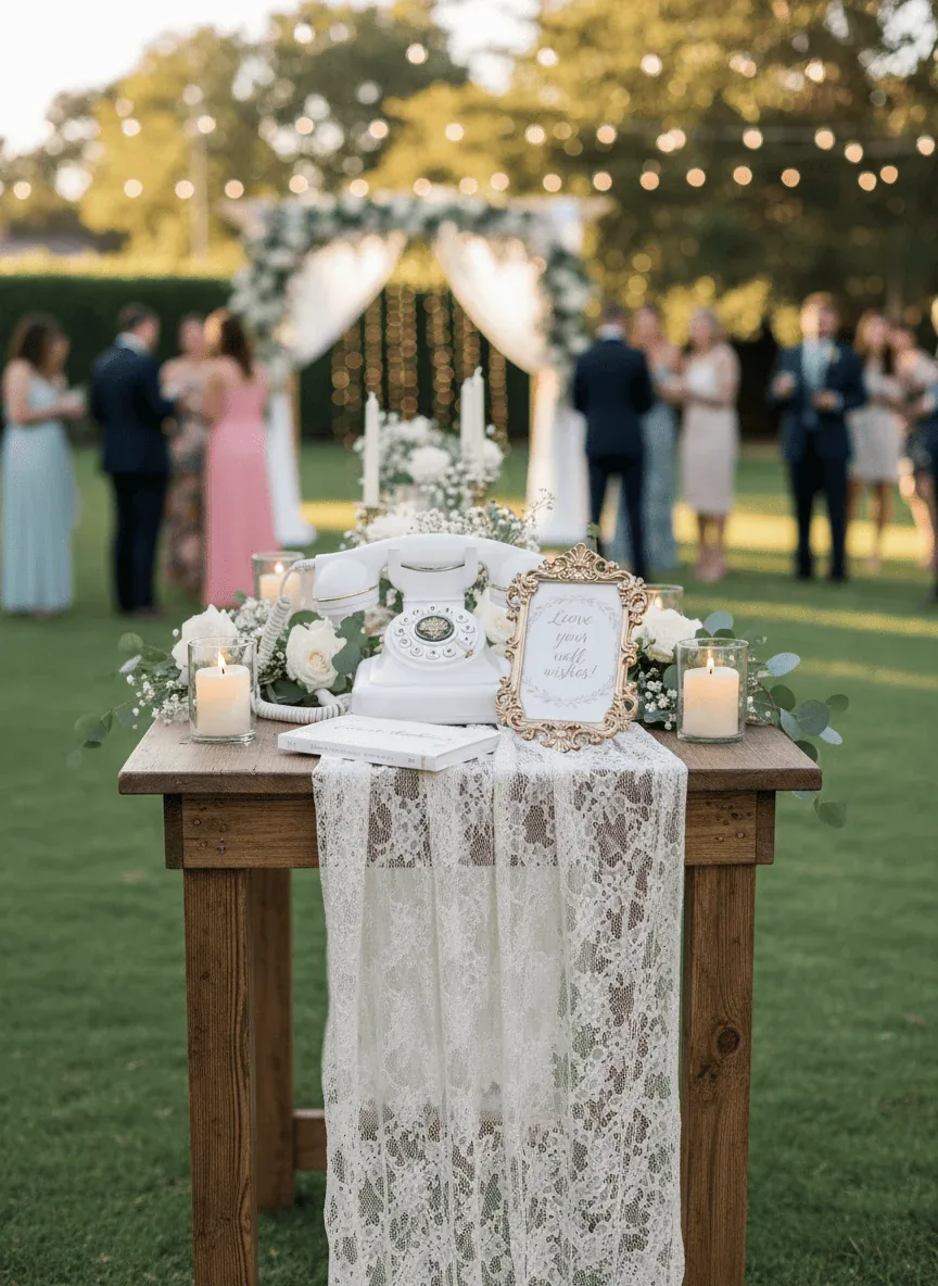 Téléphone livre d’or audio blanc sur une table de mariage fleurie