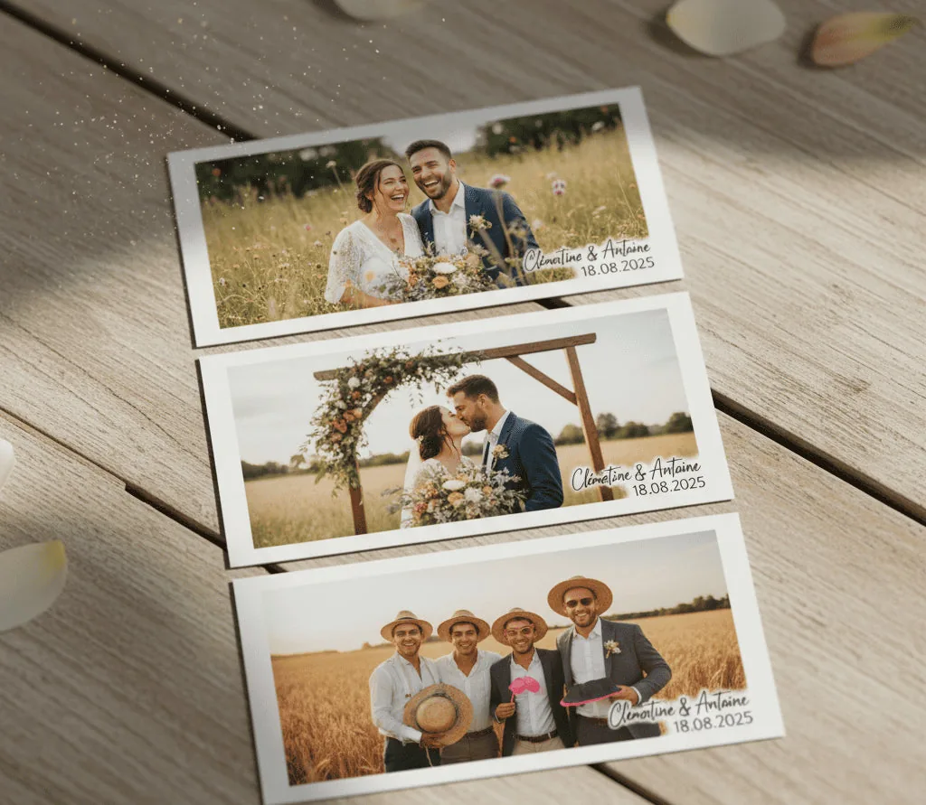 Trois tirages photo personnalisés avec des portraits de mariage, posés sur une table